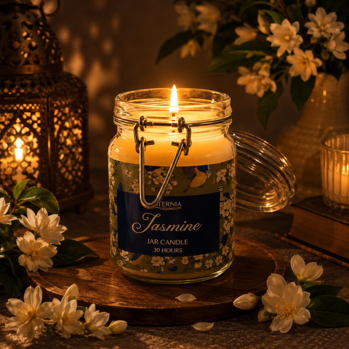 Jasmine scented jar candle in clear glass with metal clamp and lit wick