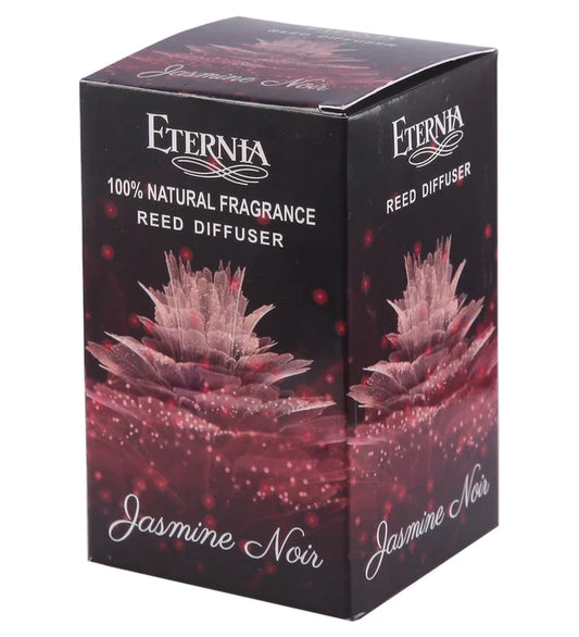 Reed diffuser box with Jasmine Noir artwork and 100% natural fragrance text