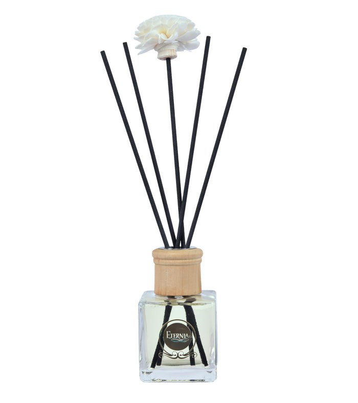 Glass reed diffuser bottle with rattan cap and black reeds