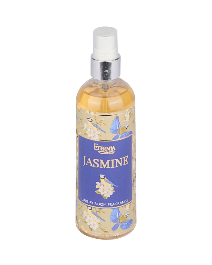 Eternia Jasmine room spray bottle with white pump and blue label, amber liquid