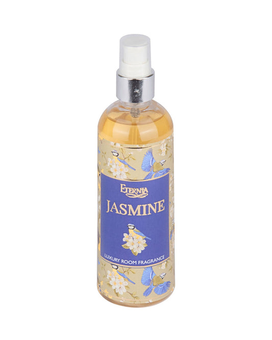 Eternia Jasmine room spray bottle with white pump and blue label, amber liquid