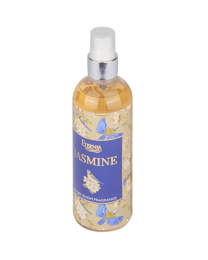 Eternia Jasmine room spray bottle with white pump and blue label, front view