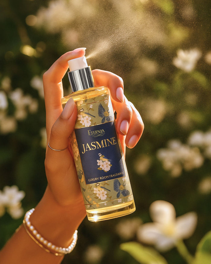 Hand holding Eternia Jasmine room spray bottle with white pump, blue label