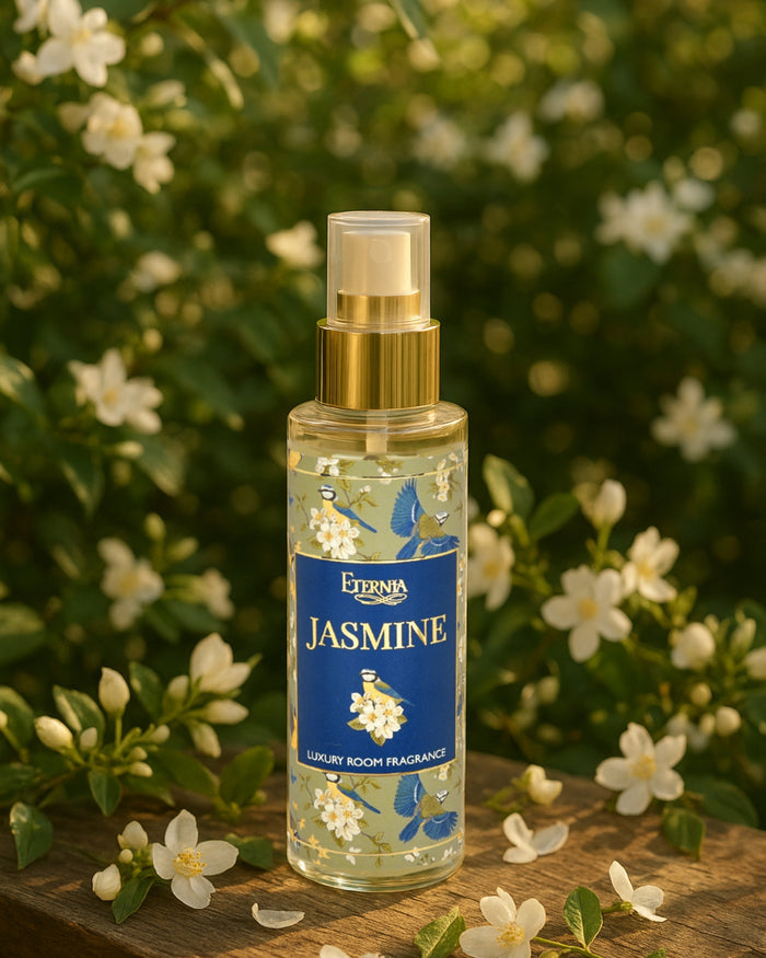 Eternia Jasmine room spray bottle with gold pump sprayer and blue label