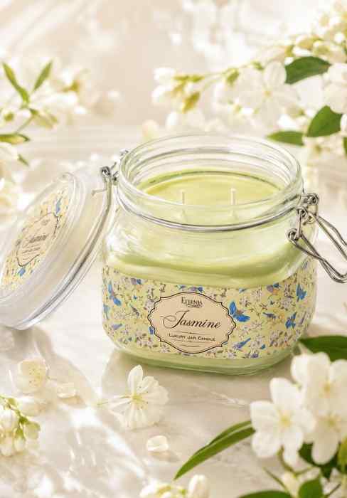 Eternia® Jasmine double-wick jar candle in clear glass with lid, unlit