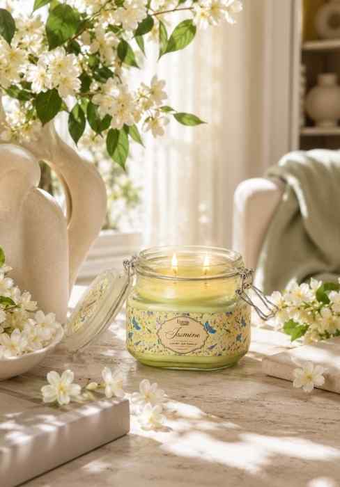 Glass jar candle with jasmine label, lid ajar, pale green wax, unlit