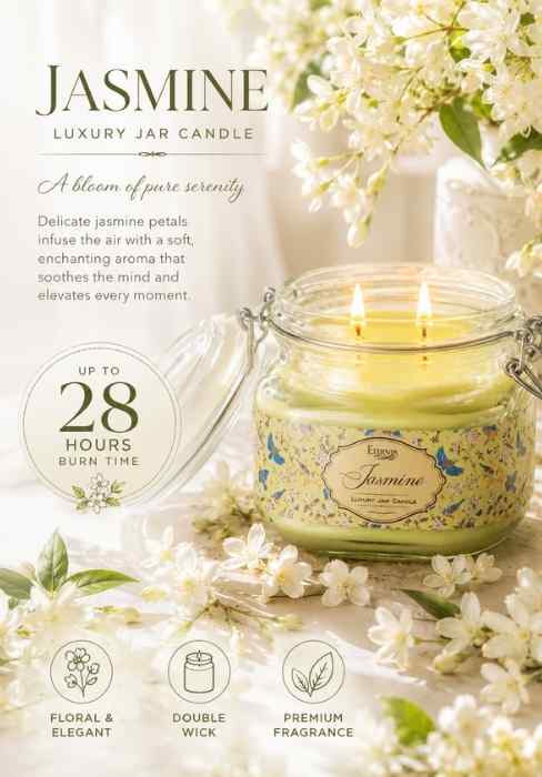 Jasmine luxury jar candle in glass with lid, pale green wax, double-wick flames