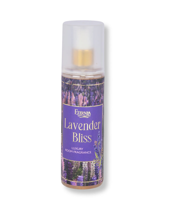 Lavender Bliss room spray bottle with white pump and purple label