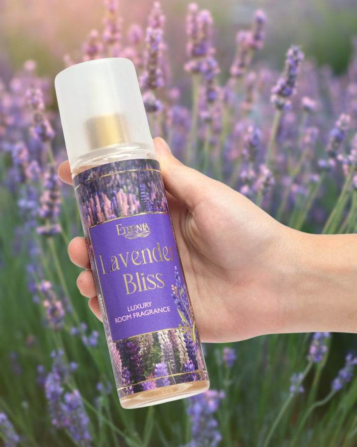 Lavender Bliss room spray bottle with white spray nozzle and purple label