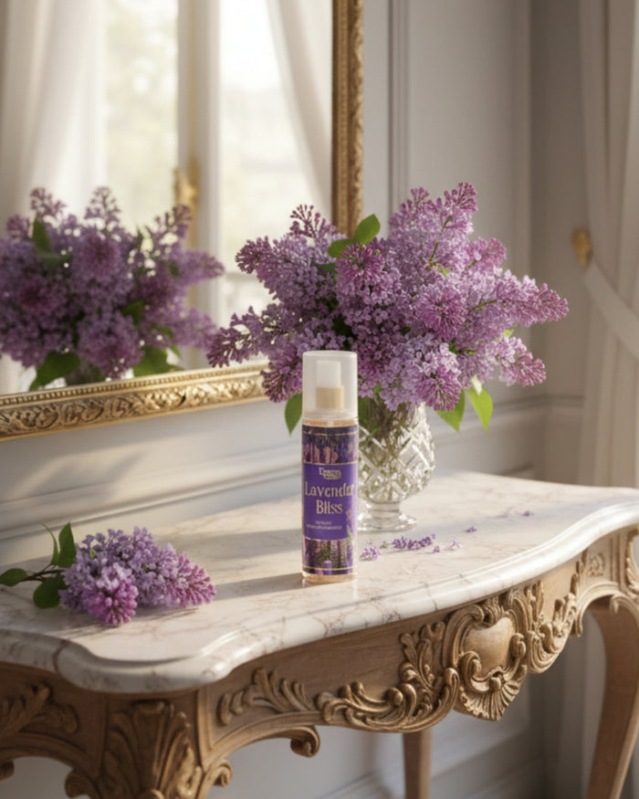 Lavender Bliss room spray bottle with white pump on marble tabletop, purple label