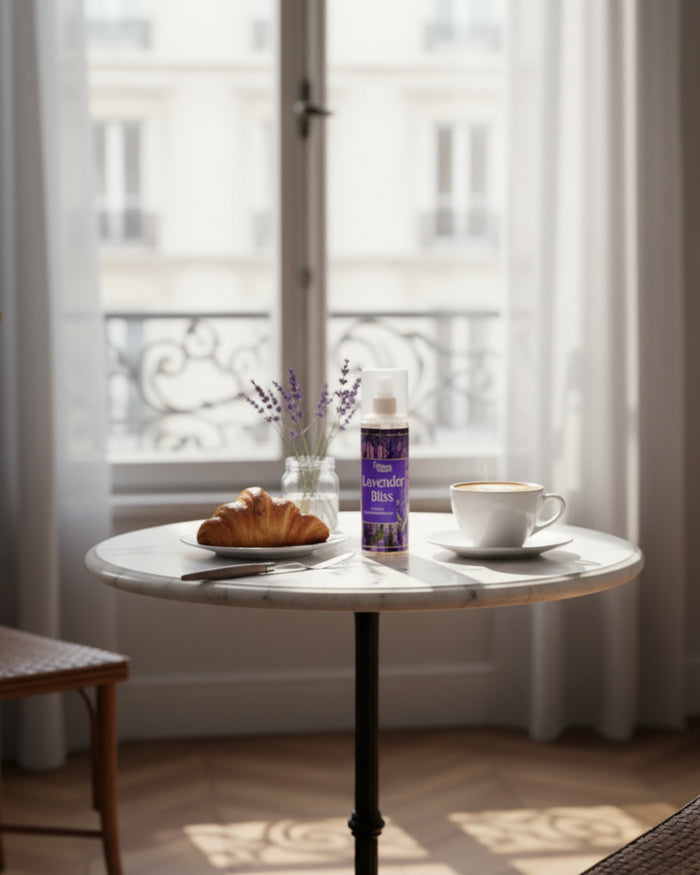 Lavender Bliss room spray bottle with white pump on round table, purple label