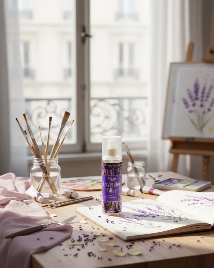 Lavender Bliss room spray bottle with white pump on creative desk, purple label