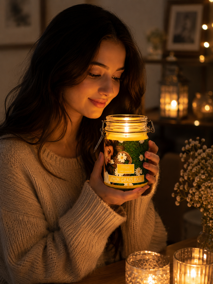 Jar candle in clear glass held near face by woman, amber flame, green herb label
