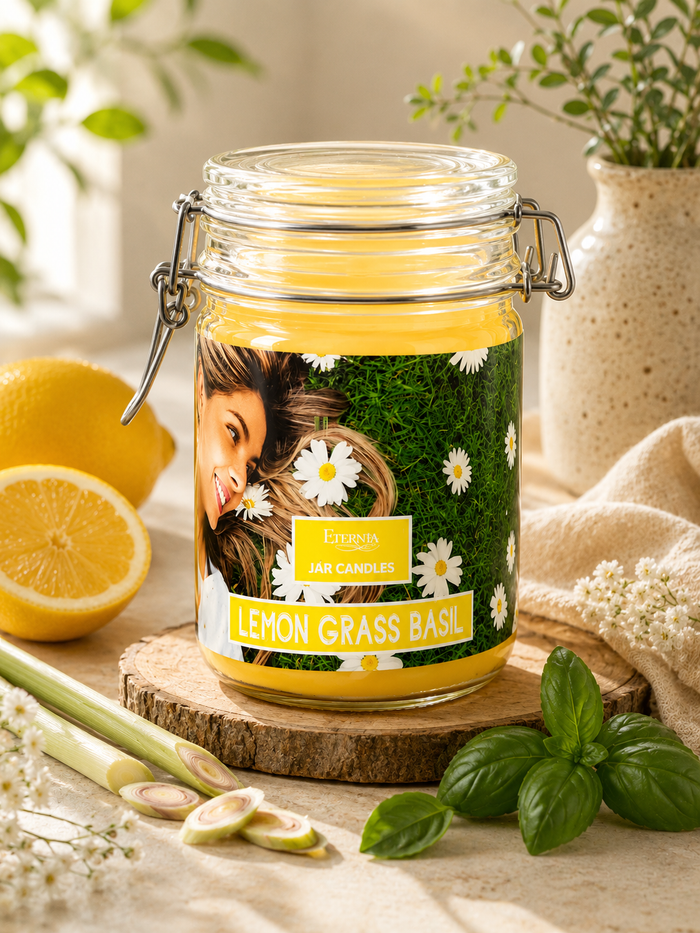 Jar candle in clear glass with metal clasp lid, green label with lemons, basil, and daisies