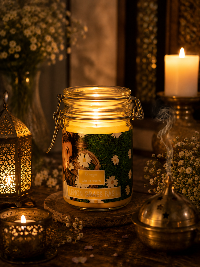 Jar candle in clear glass on stone base, amber flame, green herb label and flowers