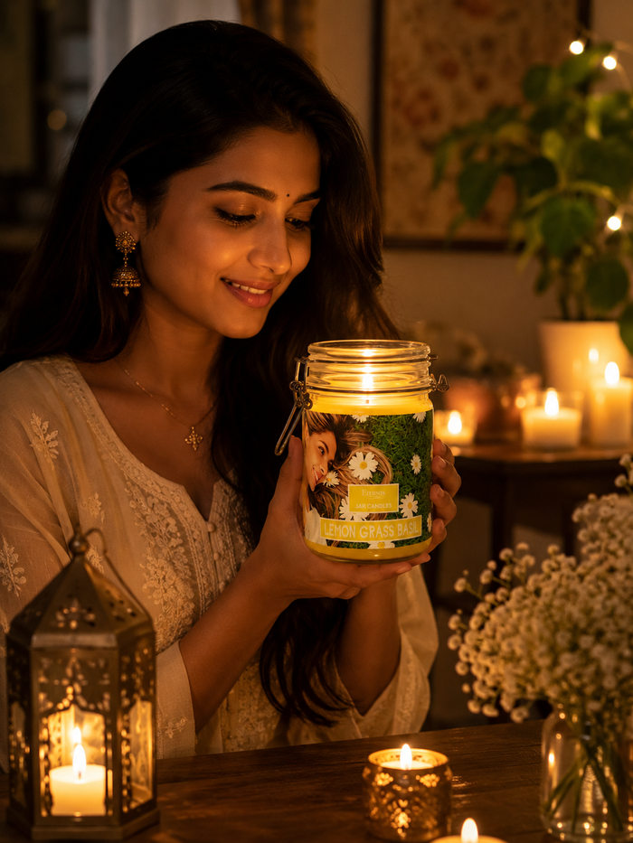 Jar candle in clear glass held by woman, amber flame visible, green label with daisies