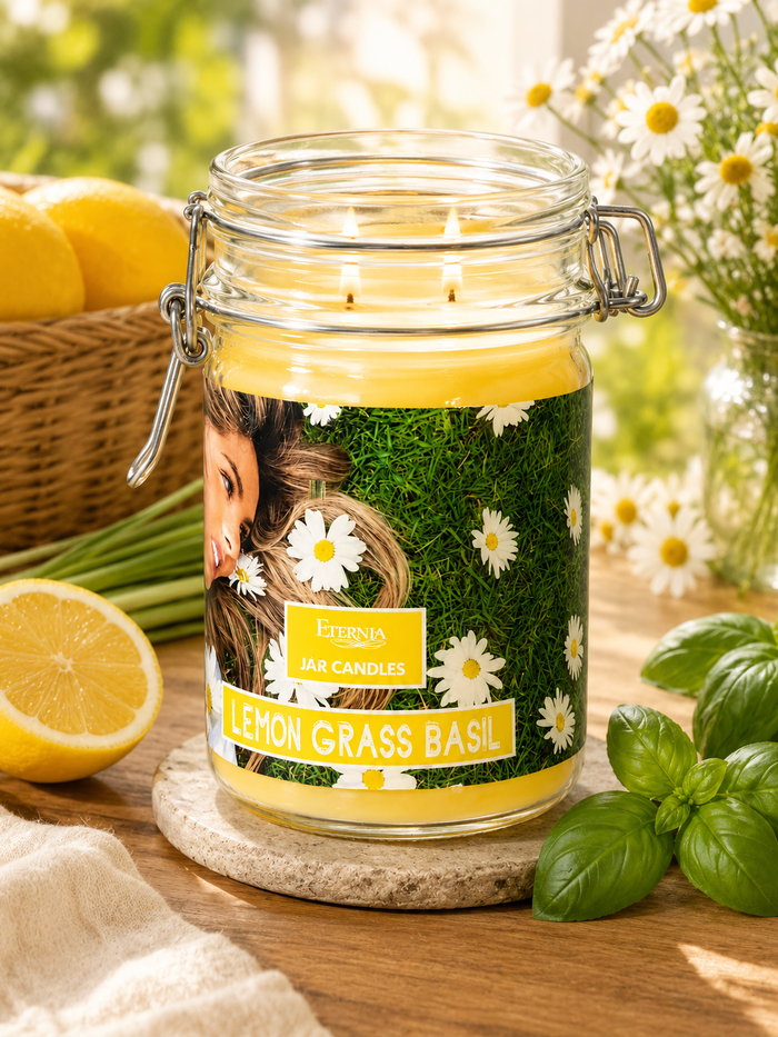 Jar candle in clear glass on coaster, amber wax glow, green label with lemons and daisies