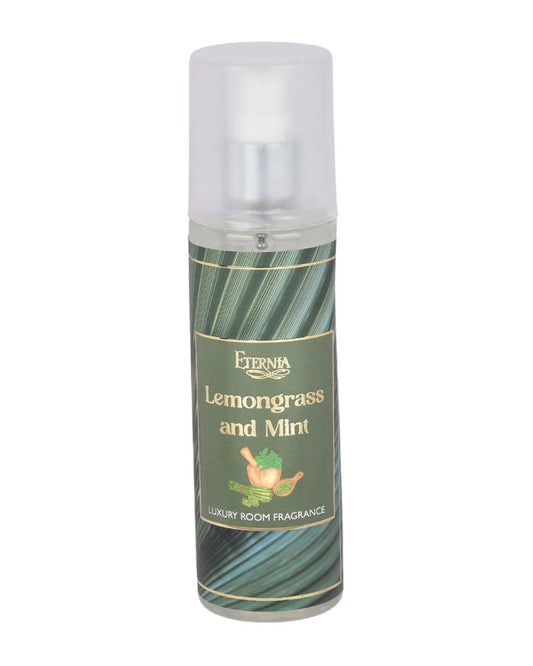 Luxury room spray bottle with white cap and green striped label, Eternia Lemongrass and Mint