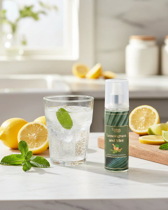 Luxury room spray bottle with white cap and green label featuring mint and lemongrass