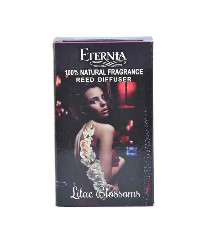Eternia® Lilac Blossoms reed diffuser box with flower artwork and rattan reeds