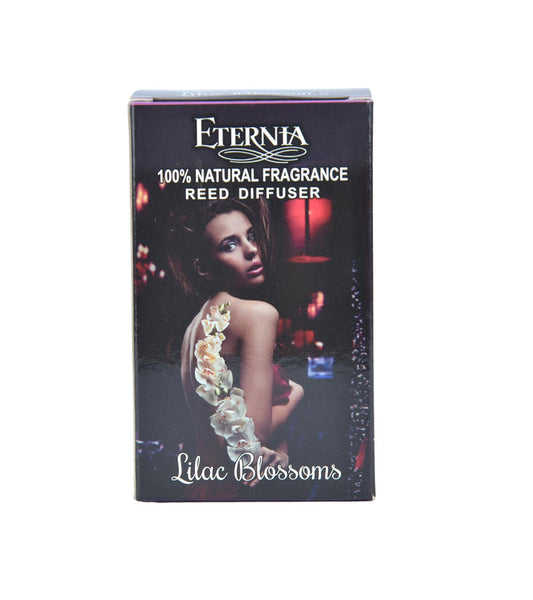Eternia® Lilac Blossoms reed diffuser box with flower artwork and rattan reeds