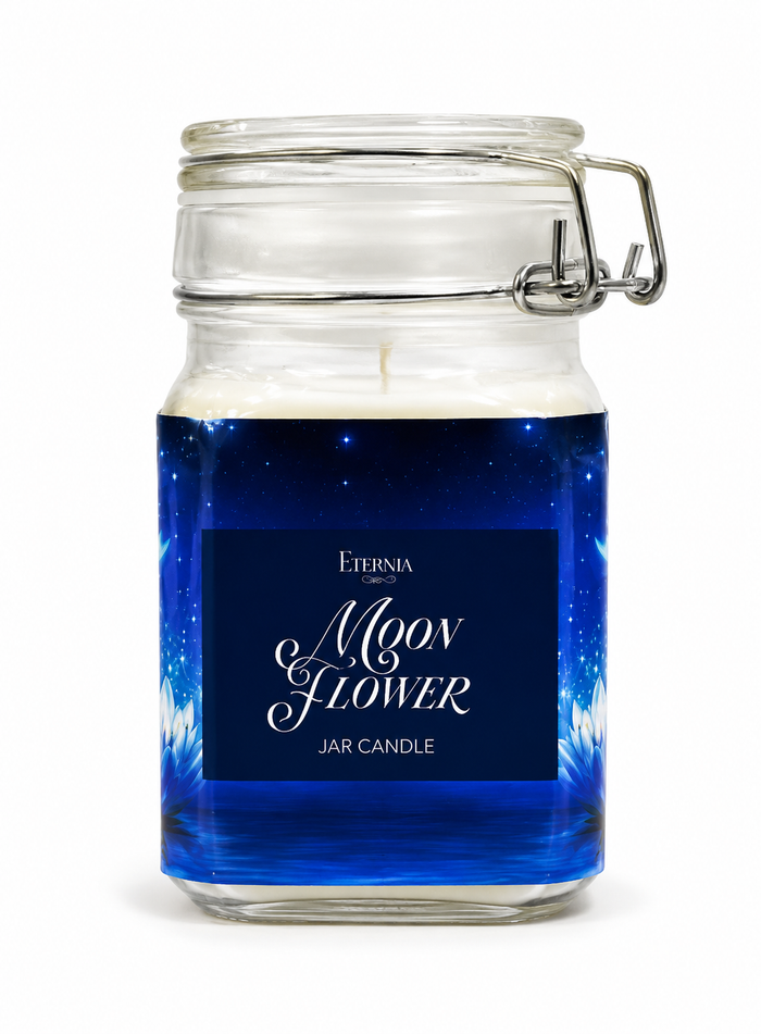 Blue glass jar candle with clear clip lid and wax, decorative Moon Flower label