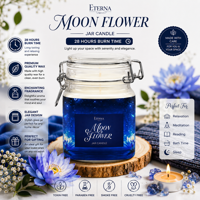 Glass jar candle with blue wax and Moon Flower label, metal clip lid