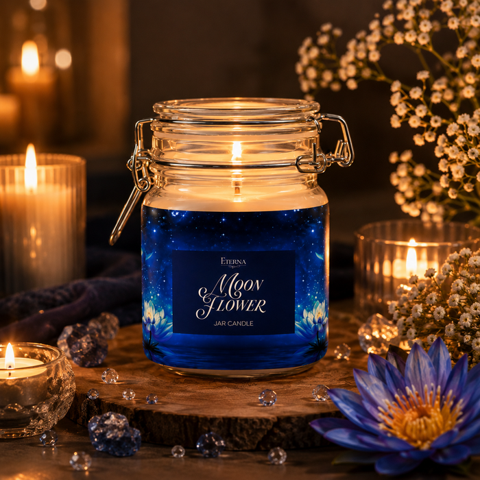 Blue wax glass jar candle with clear clip lid and Moon Flower label