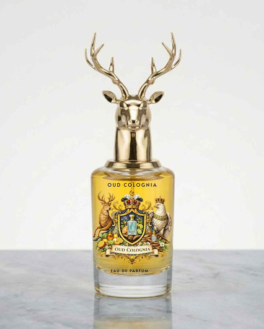 Oud Colonia eau de parfum bottle with gold deer antler cap and amber label