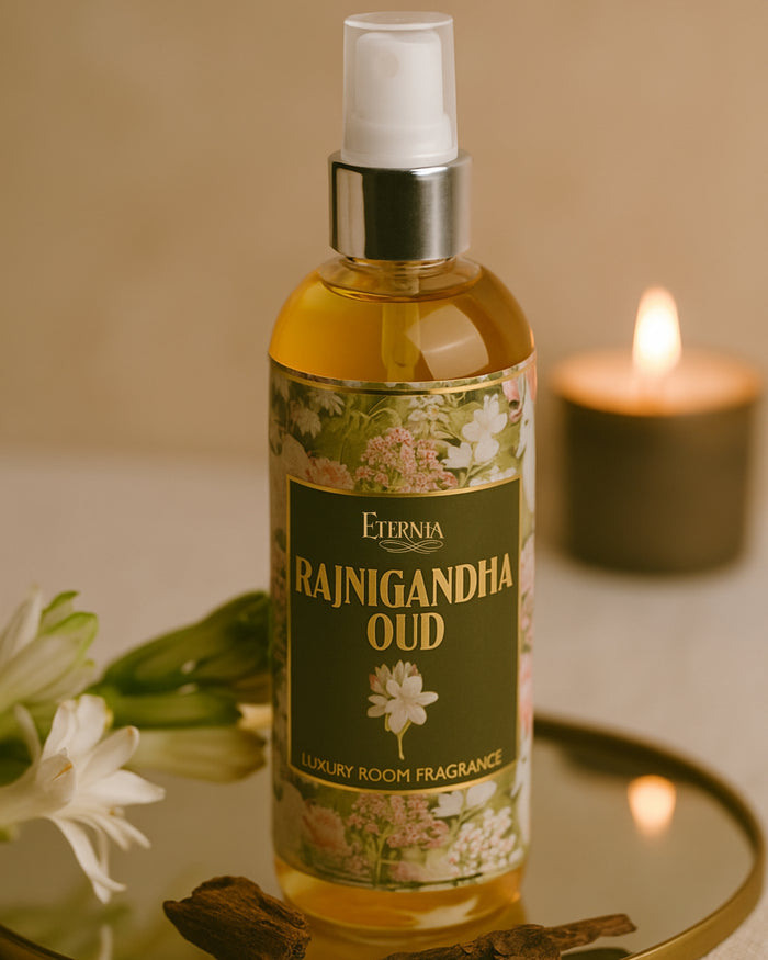 Room fragrance spray bottle with amber liquid, white pump, green label and floral graphics