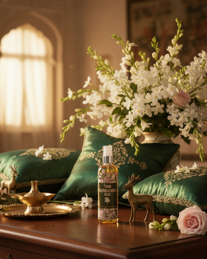 Room spray bottle with white cap, amber glass, green label with flower and text