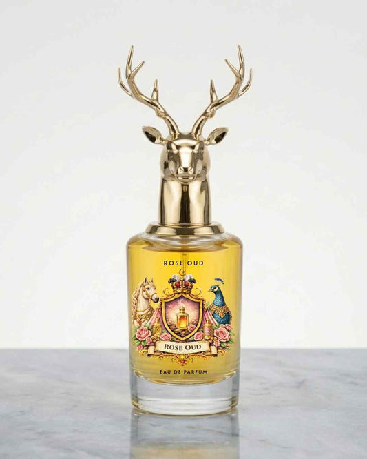 Eternia® Rose Oud eau de parfum bottle with gold deer-crown cap