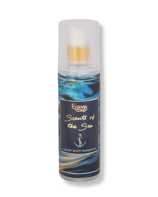 Luxury room spray bottle with white cap and blue wave label, front view.