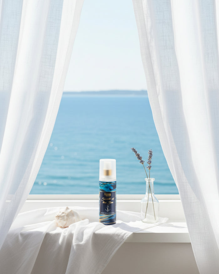 Luxury room spray bottle on table, white cap and blue wave label.
