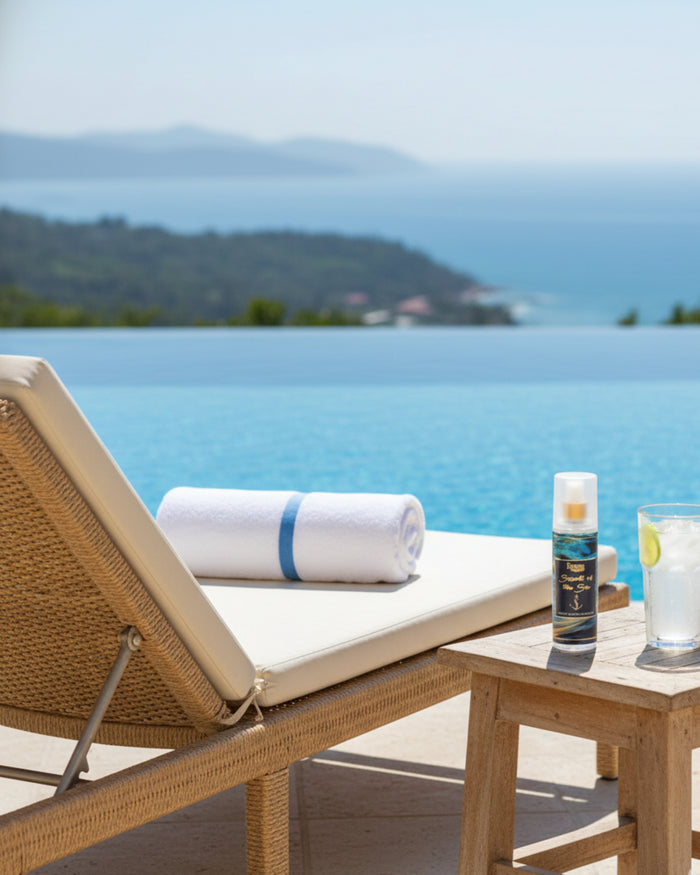 Luxury room spray bottle beside towel and drink glass, white cap and blue wave label.