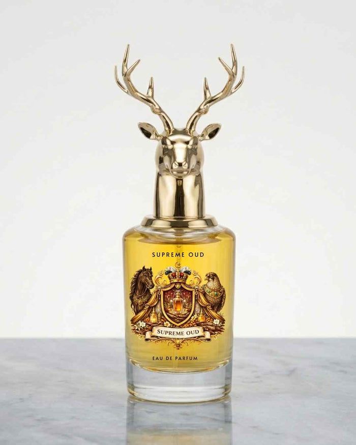 Oud eau de parfum bottle with deer-head gold cap, amber glass, Supreme Oud label