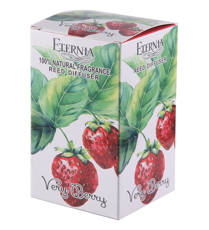 Berry reed diffuser box with strawberry leaf graphics and rattan reeds