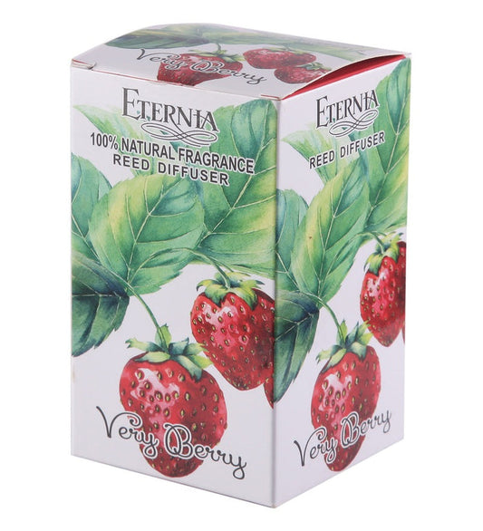 Berry reed diffuser box with strawberry leaf graphics and rattan reeds