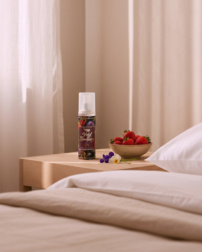 Room spray bottle on bed, white cap, Violet Strawberry fragrance label