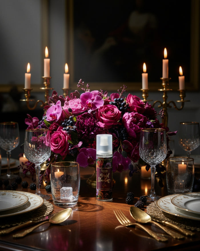 Room spray bottle centered on dining table, white cap, Violet Strawberry label