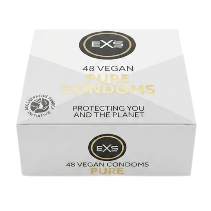 Studio product shot of a white and gray EXS Pure 48-pack box seen from a front high-angle view, featuring gold lettering for "Pure Condoms" and the Regenerative Rubber Initiative logo.
