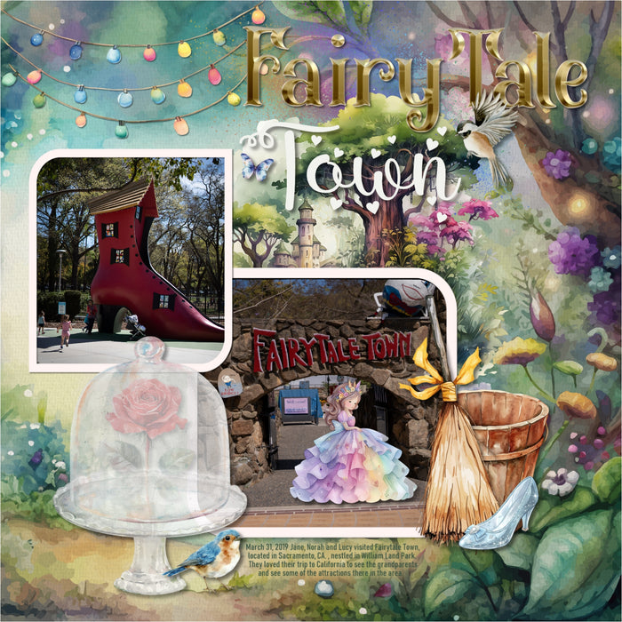Capture the fairytale moments of childhood with this beautiful, watercolor kit filled with fantasy embellishments, clusters, papers, and golden alpha set by Lucky Girl Creative digital art designed for a princess. Great for little girls, baby, and Mother's Day! Fairy tale embellishments include bluebird, chickadee, bird, butterfly, dragon, elk, goose, horse, mouse, sheep, swan, unicorn, beanstalk, pea, canopy bed, book, candelabra, candle, carriage, castle, tower, chandelier, grandfather clock, crown, tiara