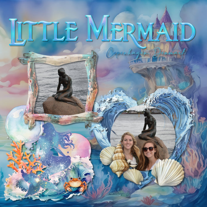 Capture the fairytale moments of childhood with these easy-to-use beautiful, watercolor under the sea fantasy embellishments, papers, clusters, and water alpha set by Lucky Girl Creative digital art for digital scrapbooking. Great for little girls and vacations to the beach, ocean, and seaside. Great for little girls and vacations to the beach, ocean, and seaside. Fairy tale embellishments include seagull, crab, dolphin, fish, puffer fish, jellyfish, lobster, octopus, sea turtle, seahorse, seal, shark