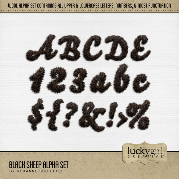 These black curly haired wool alphabet, number, and punctuation mark digital scrapbooking embellishments by Lucky Girl Creative digital art are easy to use for digital scrapbook page titles. Great for farm, ranch, petting zoo, animals, pets, curly hair men and women, and more! The alpha set consists of a full set of digital art uppercase alphabet letters A-Z, lowercase alphabet letters a-z, numbers 0-9, and most punctuation marks. This alpha set is available as individual embellishments only.