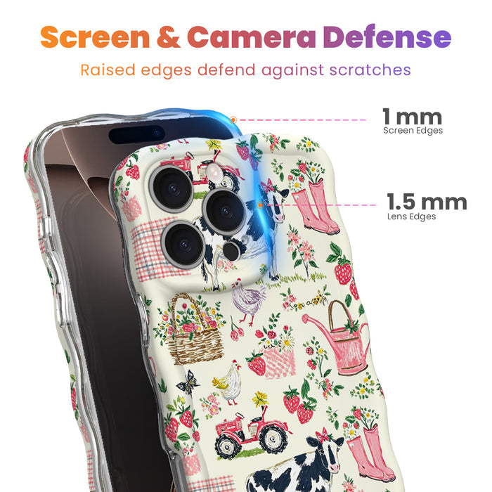 Trendy wavy white iPhone case featuring a cottagecore farmhouse pattern of cows with pink bows, strawberries, red tractors, and watering cans with a high-gloss finish.