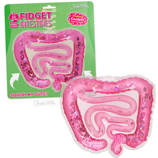 A pink, confetti-filled, inflatable toy shaped like intestines rests on green packaging labeled Fidget Intestines, providing a playful stress relief experience and endless tactile fun.