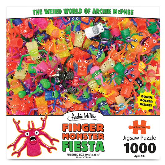The Finger Monster Fiesta Puzzle by Archie McPhee showcases a lively 1000-piece puzzle box, embellished with an array of colorful finger monster toys that capture the spirit of classic playthings.