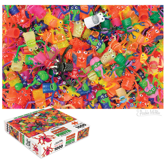 The Finger Monster Fiesta Puzzle is a 1000-piece challenge displaying quirky monster toys with various expressions. Once assembled, the masterpiece rests above its box, which vividly showcases the classic Finger Monsters.