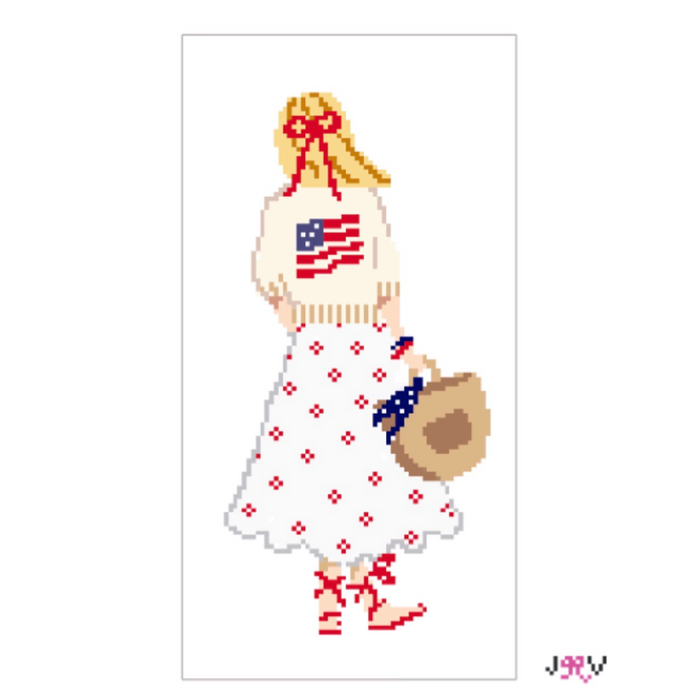 flag girl needlepoint canvas, Jennifer Vallez needlepoint, patriotic needlepoint canvas, Americana needlepoint, stitch printed needlepoint canvas, 18 mesh canvas, eyeglass case needlepoint, patriotic ornament needlepoint, pre order needlepoint canvas, Fourth of July needlepoint, decorative needlepoint canvas, hand stitching project, patriotic decor, needlepoint gift, American flag needlepoint