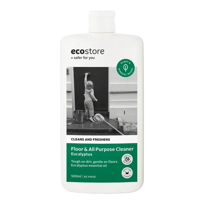 Front of 500ml bottle of ecostore Floor & All Purpose Cleaner - Eucalyptus. Tough on dirt, gentle on floors. NZ made.